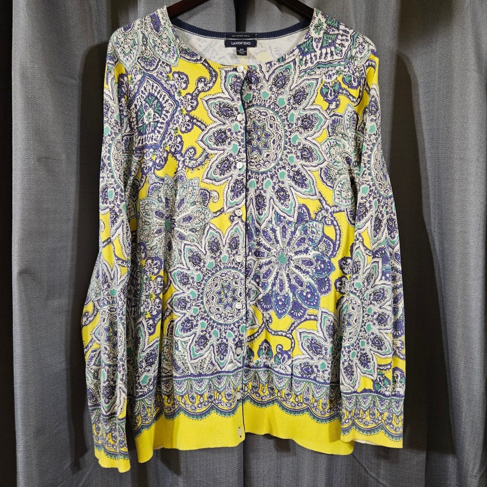Lands End Yellow Paisley Supima Cotton Button Front Cardigan Sweater Women's 2X